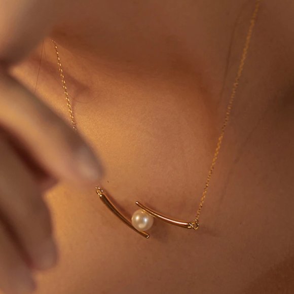 NEW Silver Gold Curved Line Stick Pearl Necklace - Picture 5 of 6